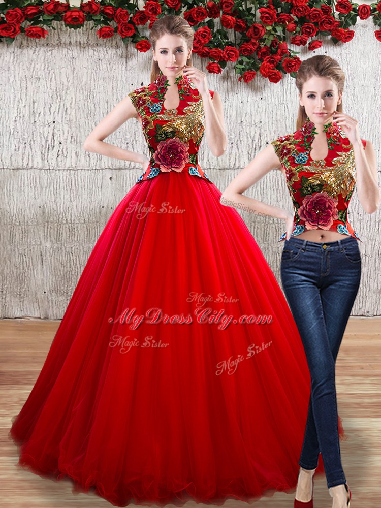 Colorful Sleeveless Organza Floor Length Lace Up Sweet 16 Dress in Red with Appliques