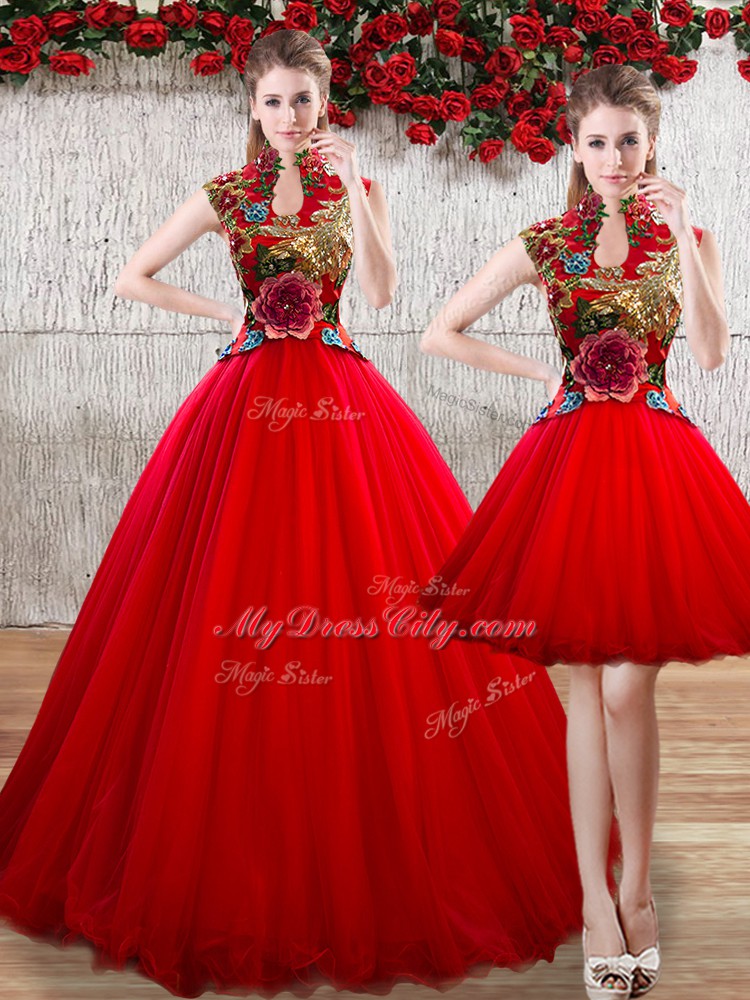 Colorful Sleeveless Organza Floor Length Lace Up Sweet 16 Dress in Red with Appliques