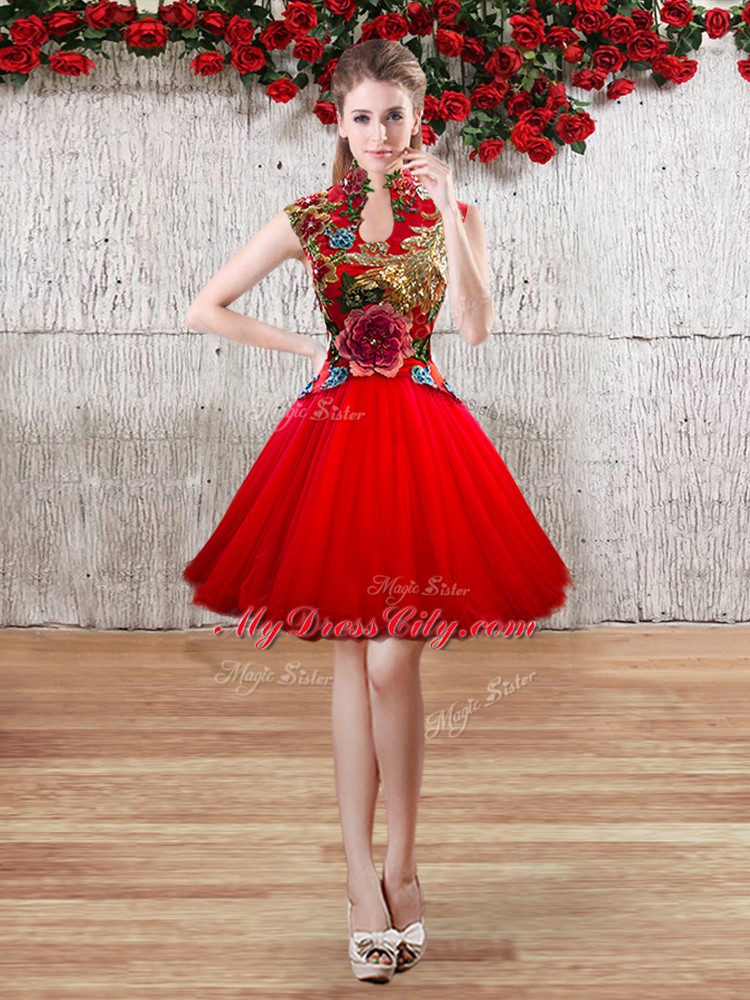 Colorful Sleeveless Organza Floor Length Lace Up Sweet 16 Dress in Red with Appliques