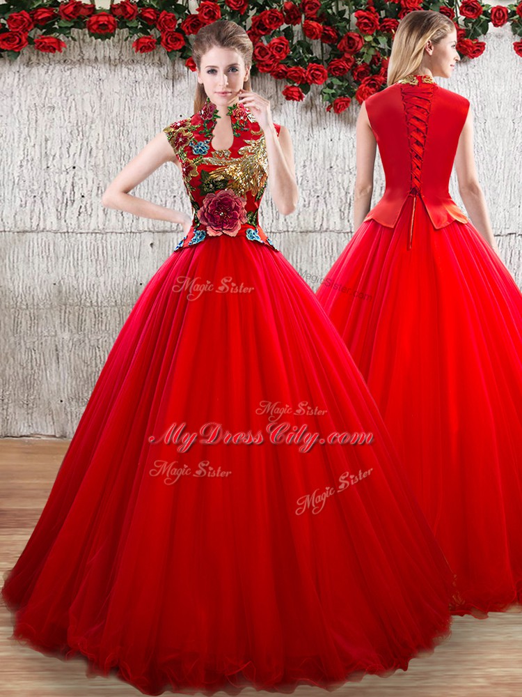 Colorful Sleeveless Organza Floor Length Lace Up Sweet 16 Dress in Red with Appliques