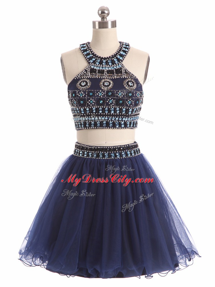 Exceptional Tulle Scoop Sleeveless Zipper Beading Homecoming Dress in Navy Blue