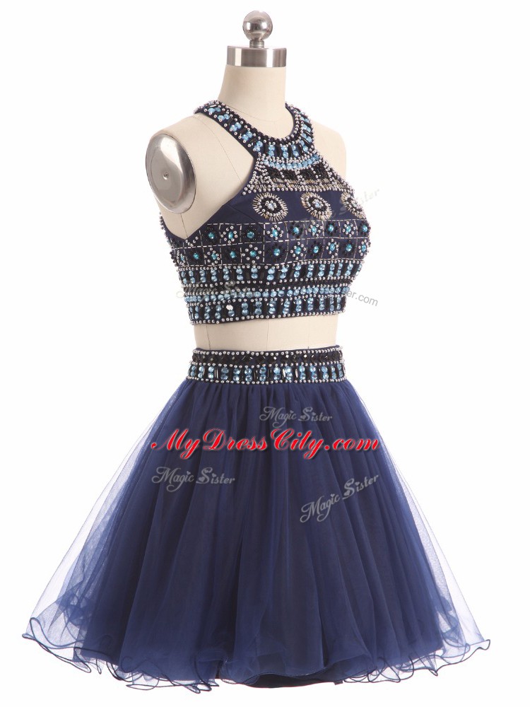 Exceptional Tulle Scoop Sleeveless Zipper Beading Homecoming Dress in Navy Blue