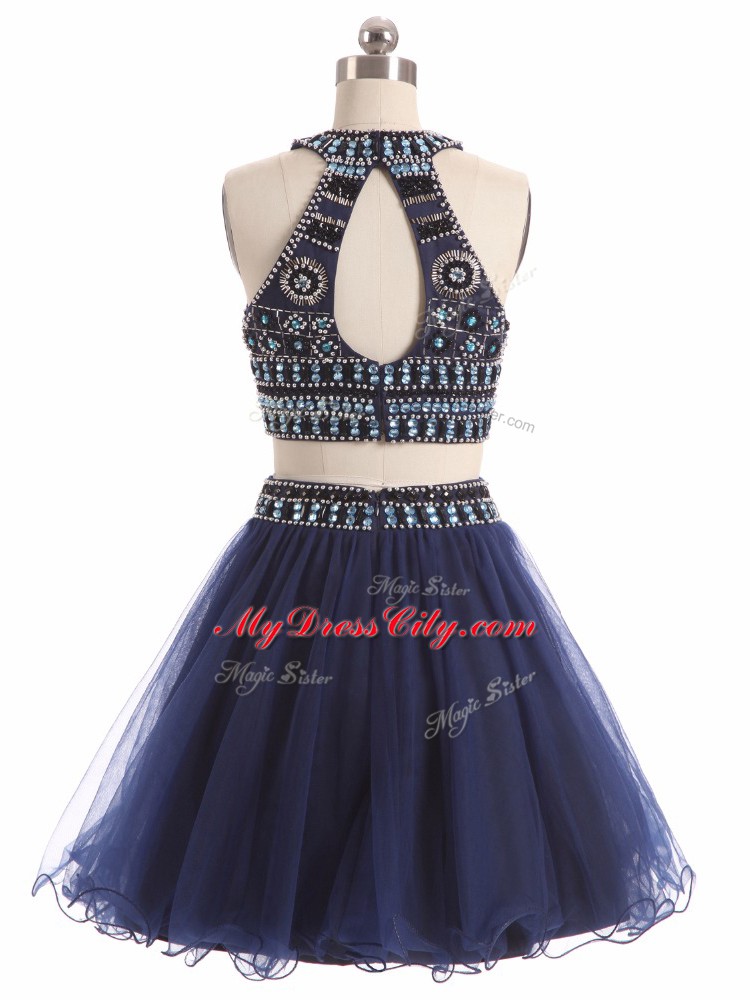 Exceptional Tulle Scoop Sleeveless Zipper Beading Homecoming Dress in Navy Blue