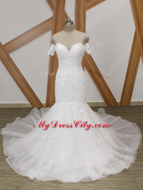 Charming Tulle Off The Shoulder Short Sleeves Court Train Backless Beading Bridal Gown in White