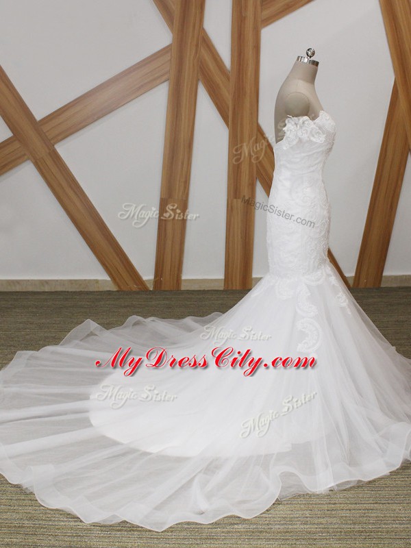 Charming Tulle Off The Shoulder Short Sleeves Court Train Backless Beading Bridal Gown in White