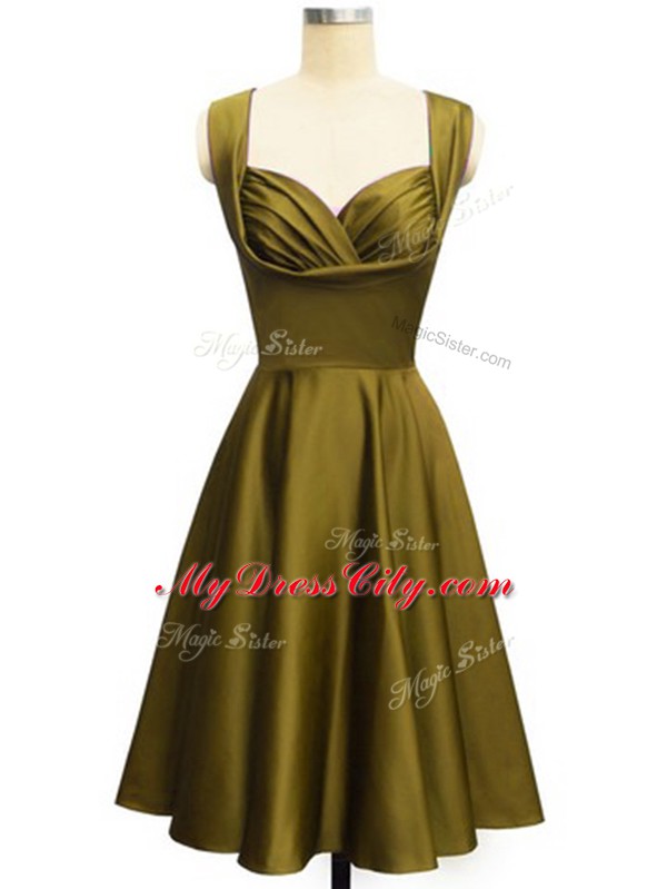 High Class Sleeveless Knee Length Ruching Lace Up Bridesmaid Dress with Olive Green