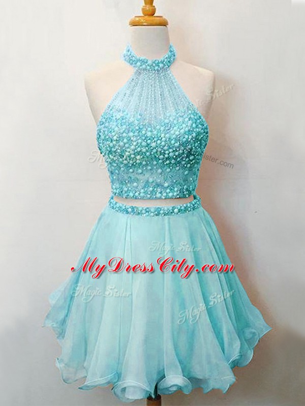 Sumptuous Sleeveless Organza Knee Length Lace Up Bridesmaids Dress in Aqua Blue with Beading