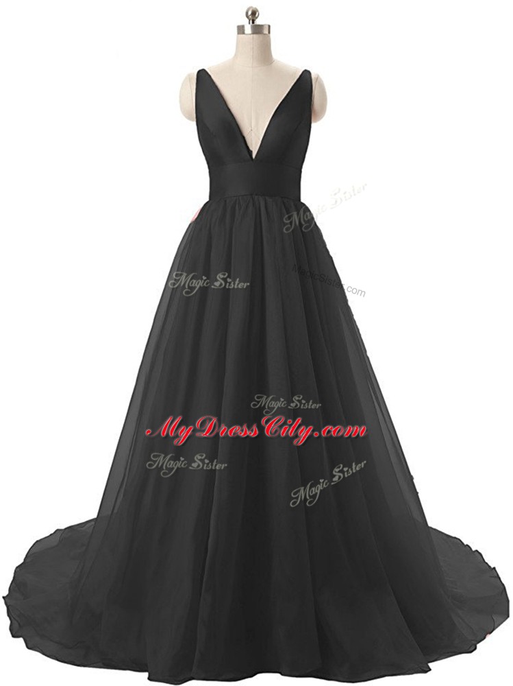 Fashionable Black Backless V-neck Ruching Prom Party Dress Organza Sleeveless Sweep Train