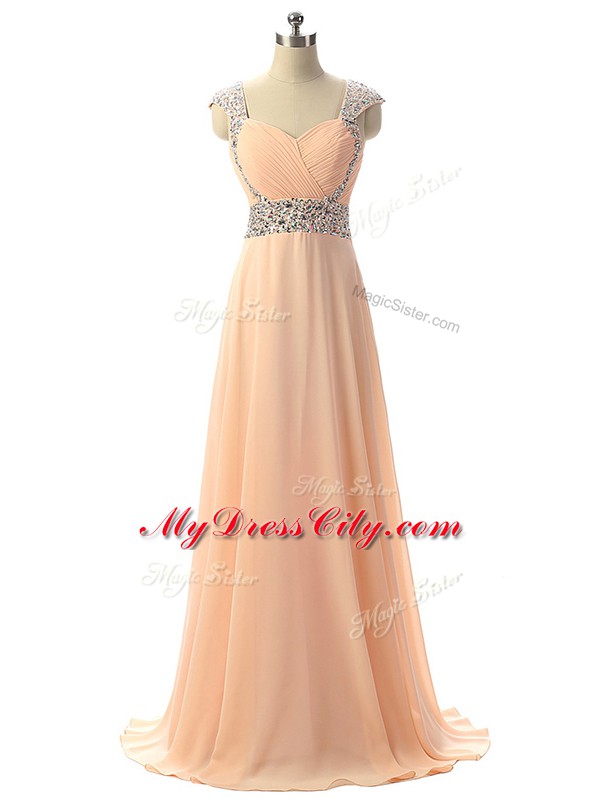 Cap Sleeves Floor Length Beading Lace Up Evening Party Dresses with Peach