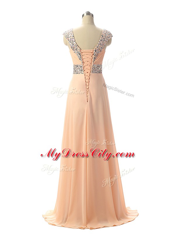 Cap Sleeves Floor Length Beading Lace Up Evening Party Dresses with Peach