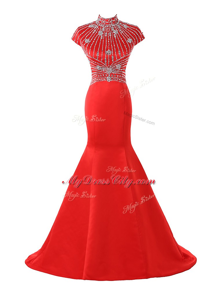 Fashionable Short Sleeves Satin Sweep Train Zipper Evening Dress in Coral Red with Beading