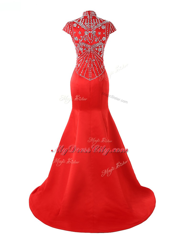 Fashionable Short Sleeves Satin Sweep Train Zipper Evening Dress in Coral Red with Beading