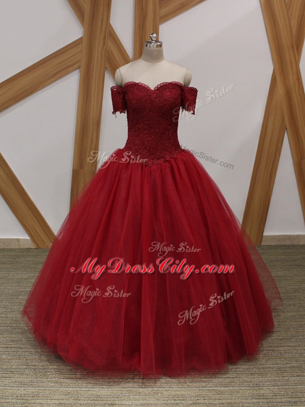 High Class Wine Red Sleeveless Tulle Lace Up for Prom and Military Ball and Sweet 16 and Quinceanera