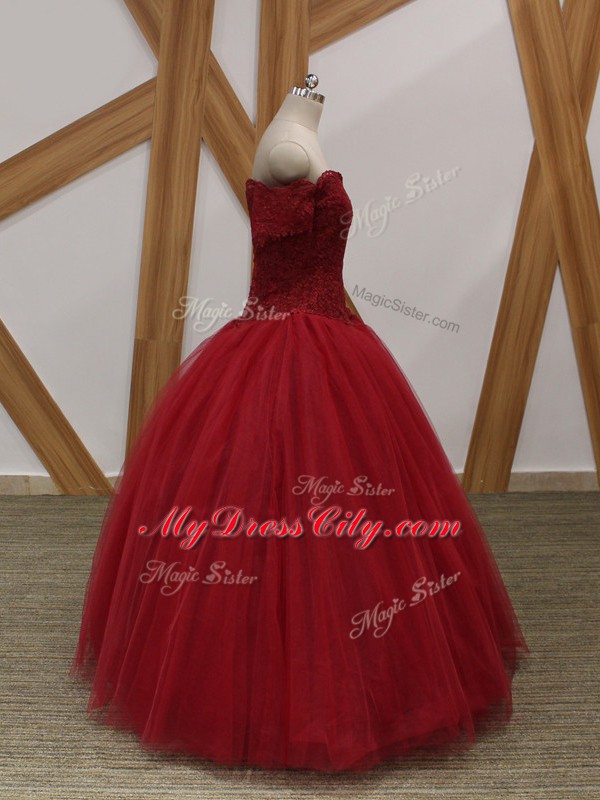 High Class Wine Red Sleeveless Tulle Lace Up for Prom and Military Ball and Sweet 16 and Quinceanera