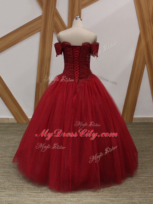 High Class Wine Red Sleeveless Tulle Lace Up for Prom and Military Ball and Sweet 16 and Quinceanera