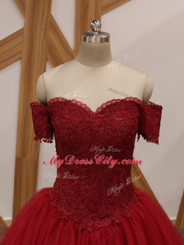 High Class Wine Red Sleeveless Tulle Lace Up for Prom and Military Ball and Sweet 16 and Quinceanera