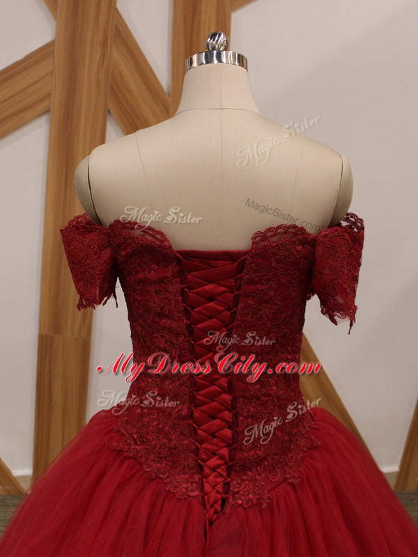 High Class Wine Red Sleeveless Tulle Lace Up for Prom and Military Ball and Sweet 16 and Quinceanera