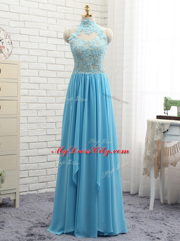 Shining Floor Length Empire Sleeveless Baby Blue Evening Dress Backless