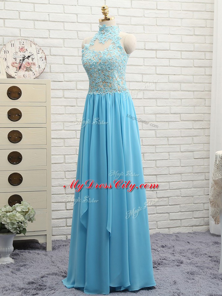 Shining Floor Length Empire Sleeveless Baby Blue Evening Dress Backless