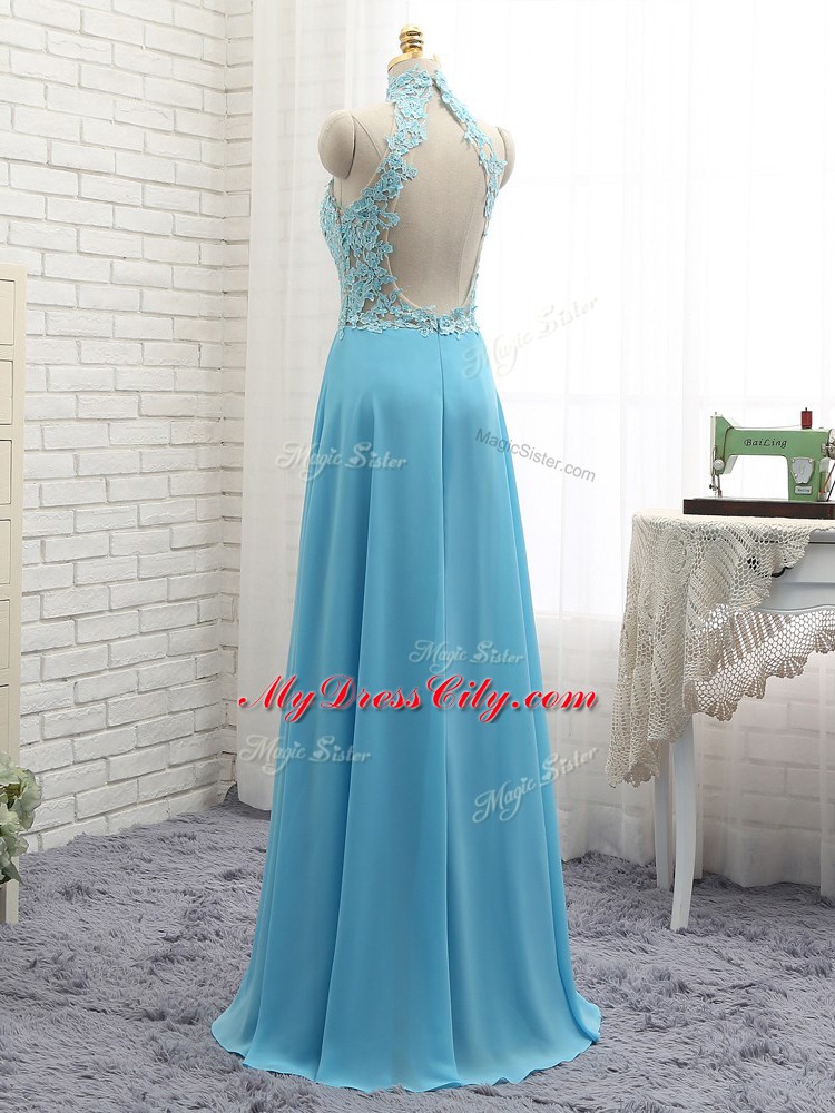 Shining Floor Length Empire Sleeveless Baby Blue Evening Dress Backless