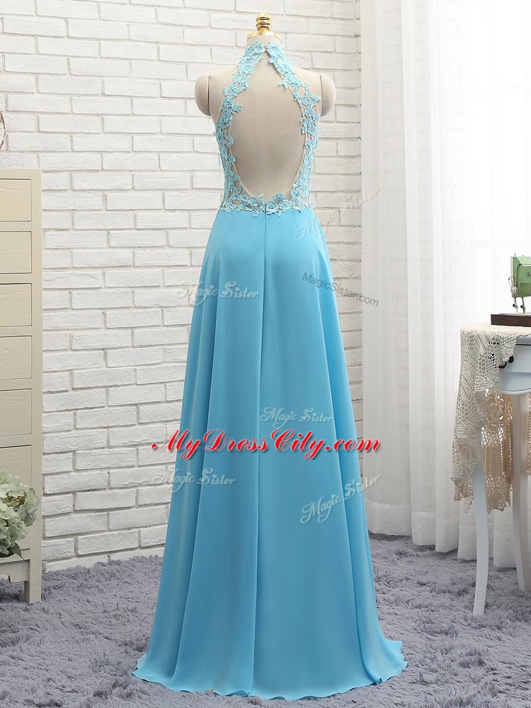 Shining Floor Length Empire Sleeveless Baby Blue Evening Dress Backless