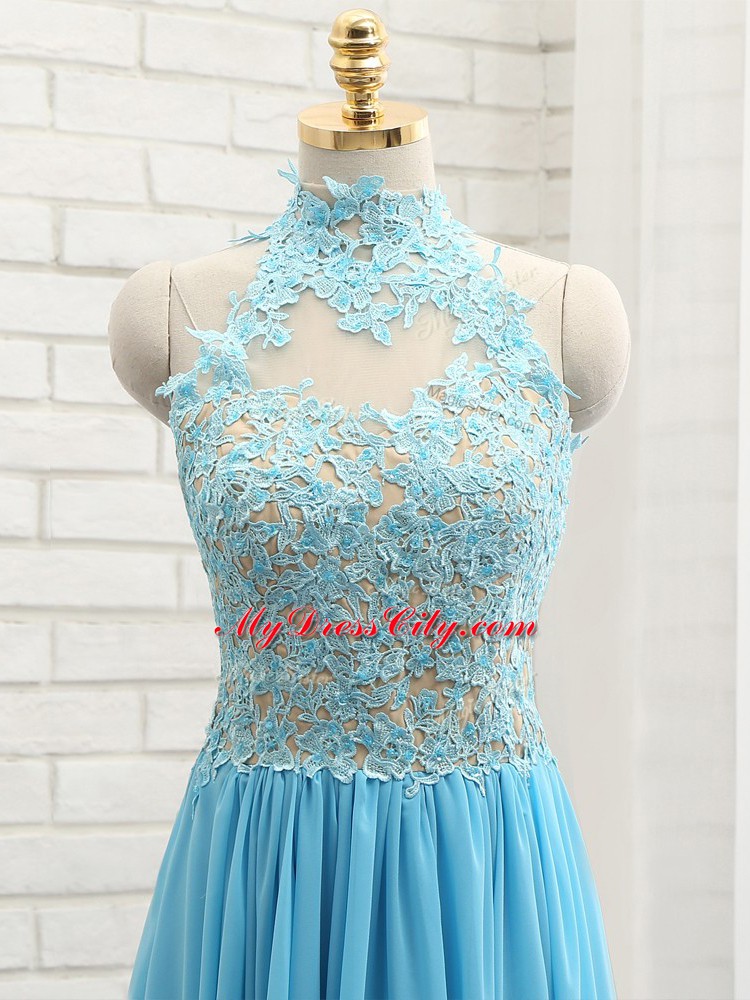 Shining Floor Length Empire Sleeveless Baby Blue Evening Dress Backless