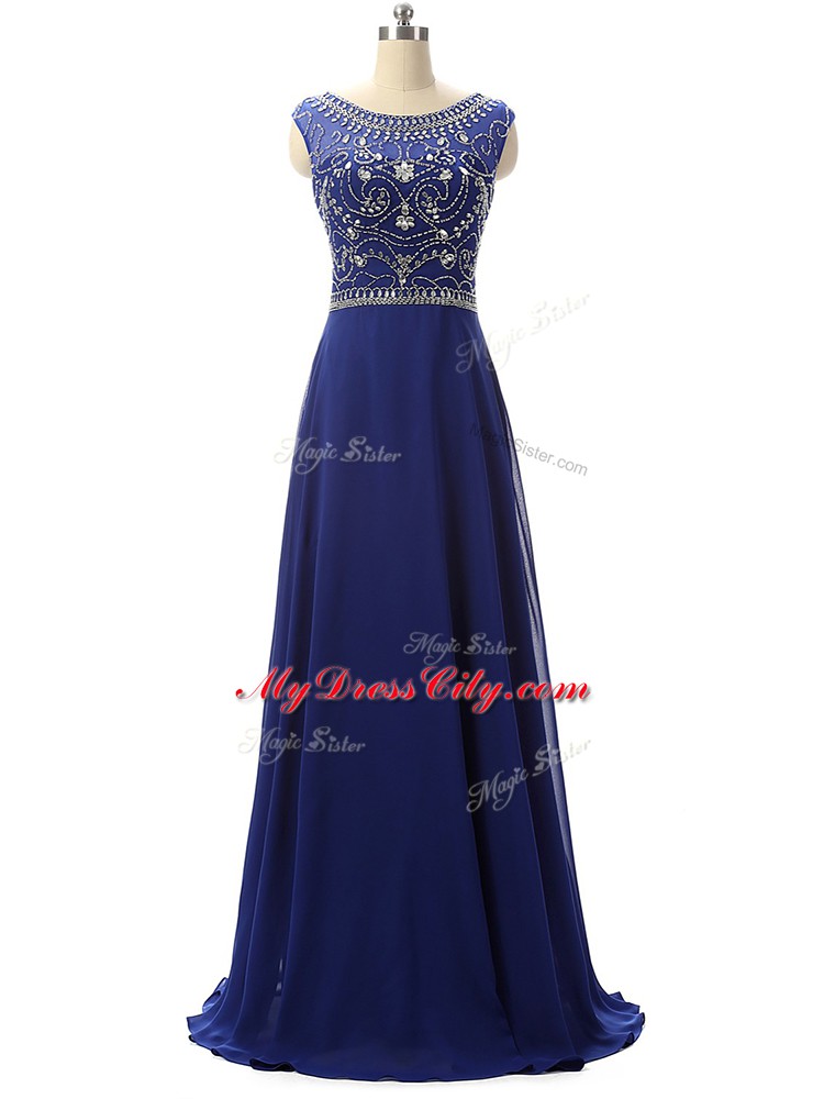 Comfortable Floor Length Zipper Dress for Prom Royal Blue for Prom and Party and Beach with Beading