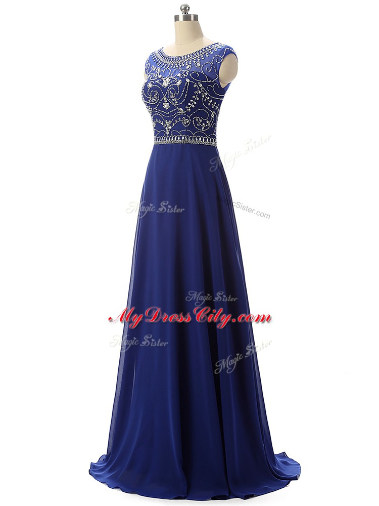 Comfortable Floor Length Zipper Dress for Prom Royal Blue for Prom and Party and Beach with Beading