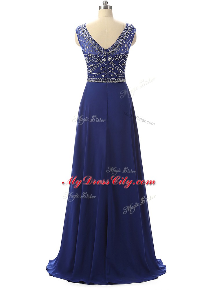 Comfortable Floor Length Zipper Dress for Prom Royal Blue for Prom and Party and Beach with Beading