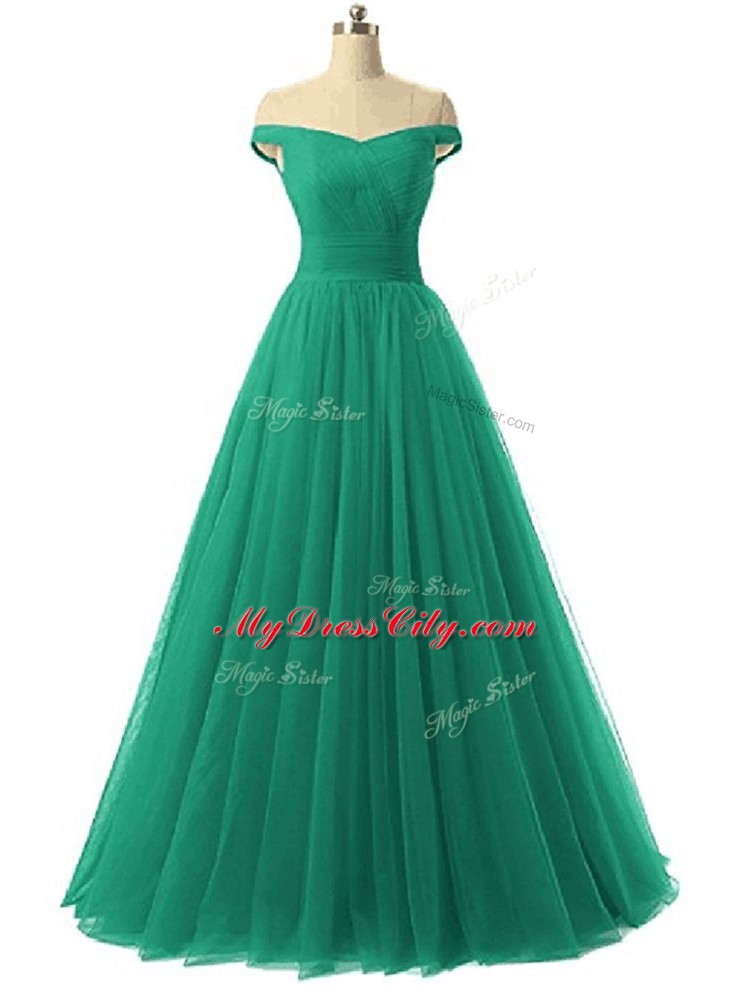 Green A-line Off The Shoulder Sleeveless Tulle Floor Length Lace Up Ruching Homecoming Gowns