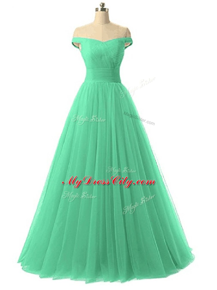 Green A-line Off The Shoulder Sleeveless Tulle Floor Length Lace Up Ruching Homecoming Gowns