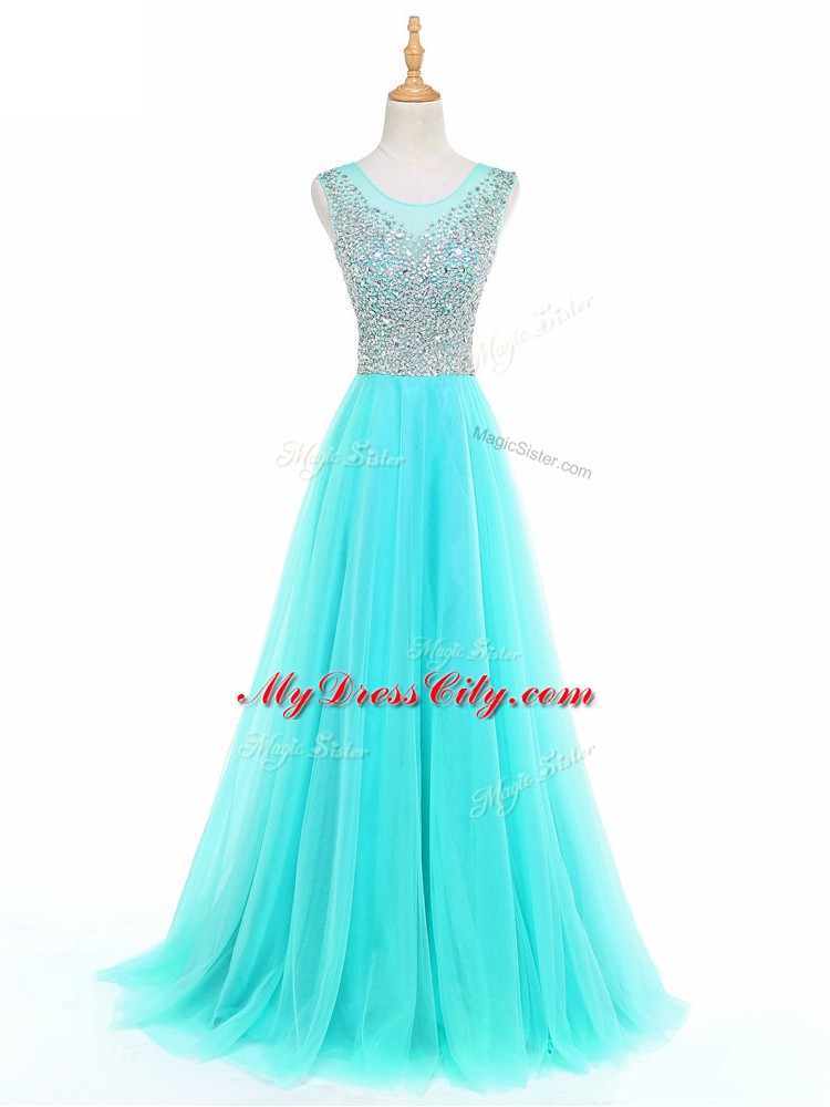 Modest Floor Length A-line Sleeveless Aqua Blue Womens Evening Dresses Side Zipper