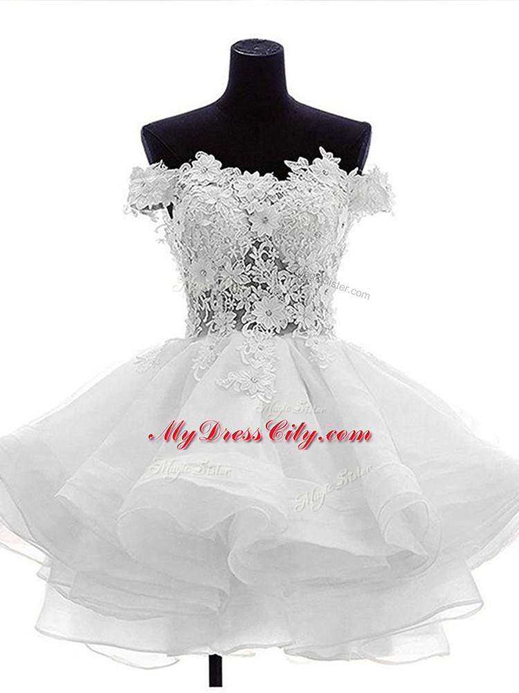 Charming White A-line Organza Off The Shoulder Sleeveless Beading and Lace and Ruffles Mini Length Zipper Prom Dresses