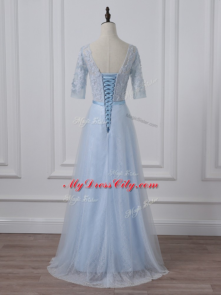 Empire 3 4 Length Sleeve Light Blue Mother of the Bride Dress Lace Up