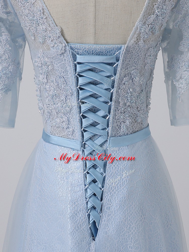 Empire 3 4 Length Sleeve Light Blue Mother of the Bride Dress Lace Up