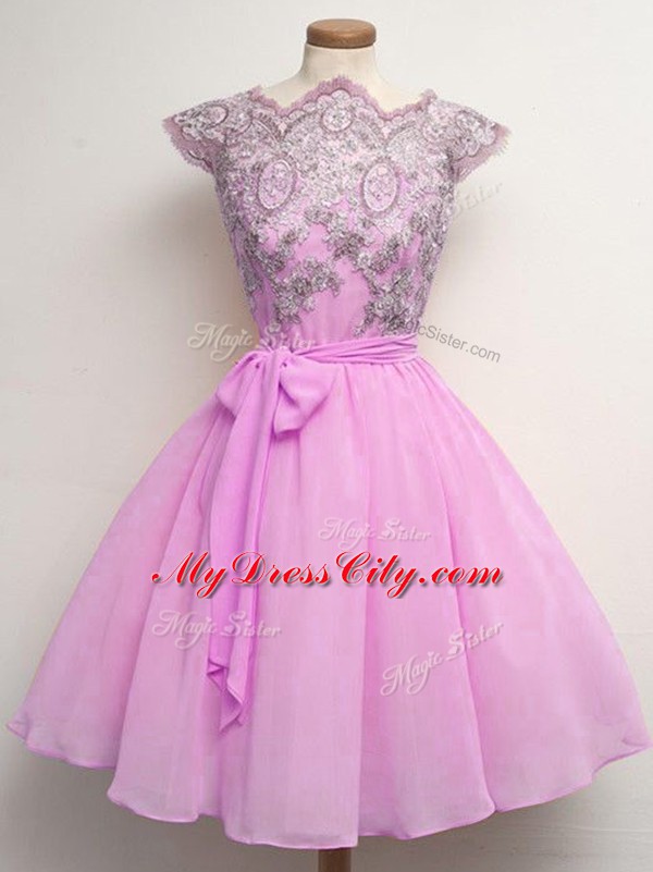 Lilac Cap Sleeves Chiffon Lace Up Vestidos de Damas for Prom and Party and Wedding Party