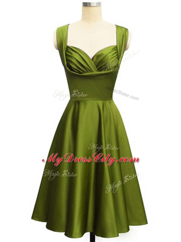 High Quality Sleeveless Taffeta Knee Length Lace Up Bridesmaids Dress in Olive Green with Ruching