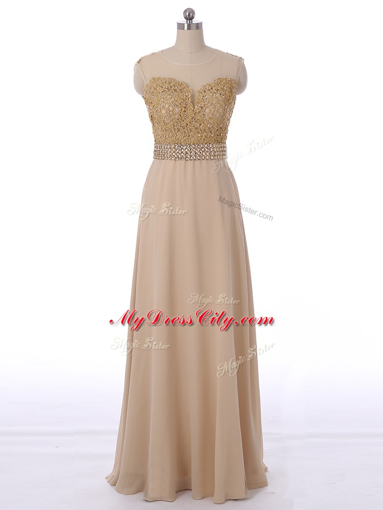 Scoop Sleeveless Bridesmaid Gown Floor Length Beading Champagne Chiffon