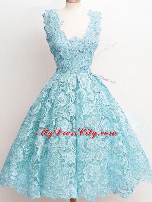 Stunning Aqua Blue Lace Zipper Straps Sleeveless Knee Length Bridesmaid Gown Lace