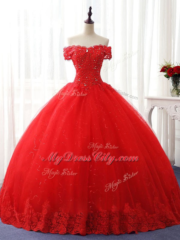 Sleeveless Tulle Floor Length Lace Up Quinceanera Gowns in Red with Beading and Ruffles