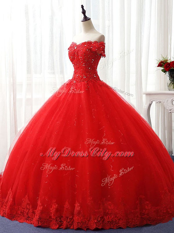 Sleeveless Tulle Floor Length Lace Up Quinceanera Gowns in Red with Beading and Ruffles