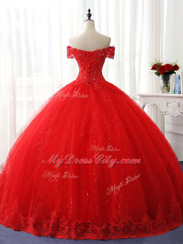 Sleeveless Tulle Floor Length Lace Up Quinceanera Gowns in Red with Beading and Ruffles