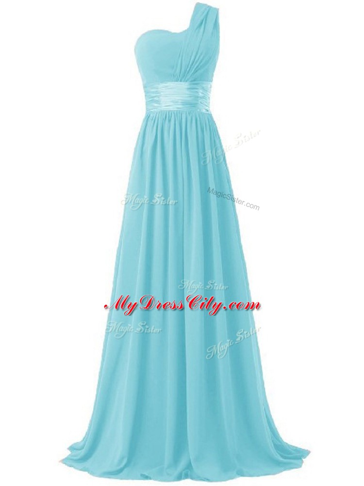 Sweet Aqua Blue Chiffon Lace Up Dama Dress for Quinceanera Sleeveless Floor Length Ruching