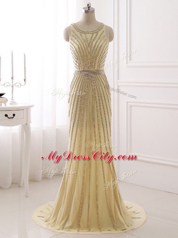 Champagne Zipper Formal Dresses Beading and Belt Sleeveless Brush Train