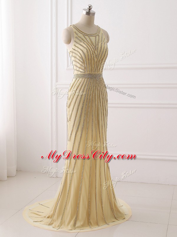 Champagne Zipper Formal Dresses Beading and Belt Sleeveless Brush Train