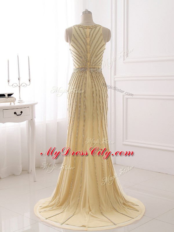 Champagne Zipper Formal Dresses Beading and Belt Sleeveless Brush Train