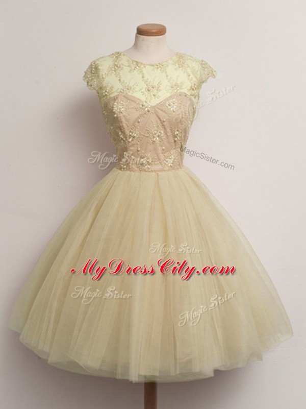 Glittering Champagne Ball Gowns Tulle Scoop Cap Sleeves Lace Knee Length Lace Up Wedding Party Dress