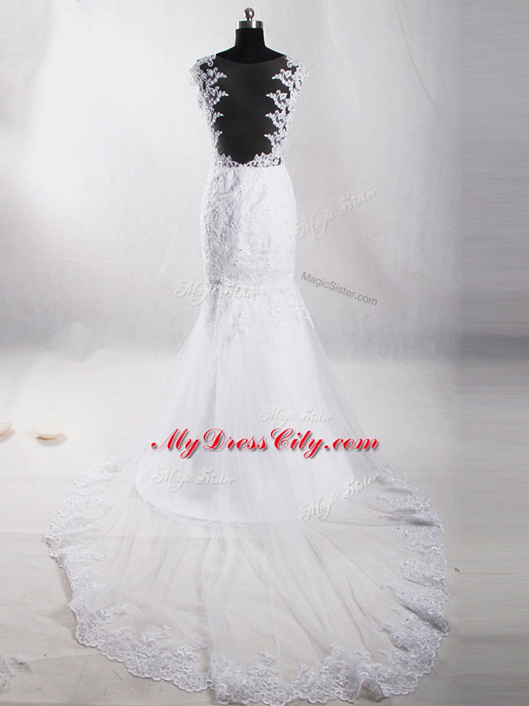 White Sleeveless Tulle Court Train Side Zipper Wedding Gown for Wedding Party