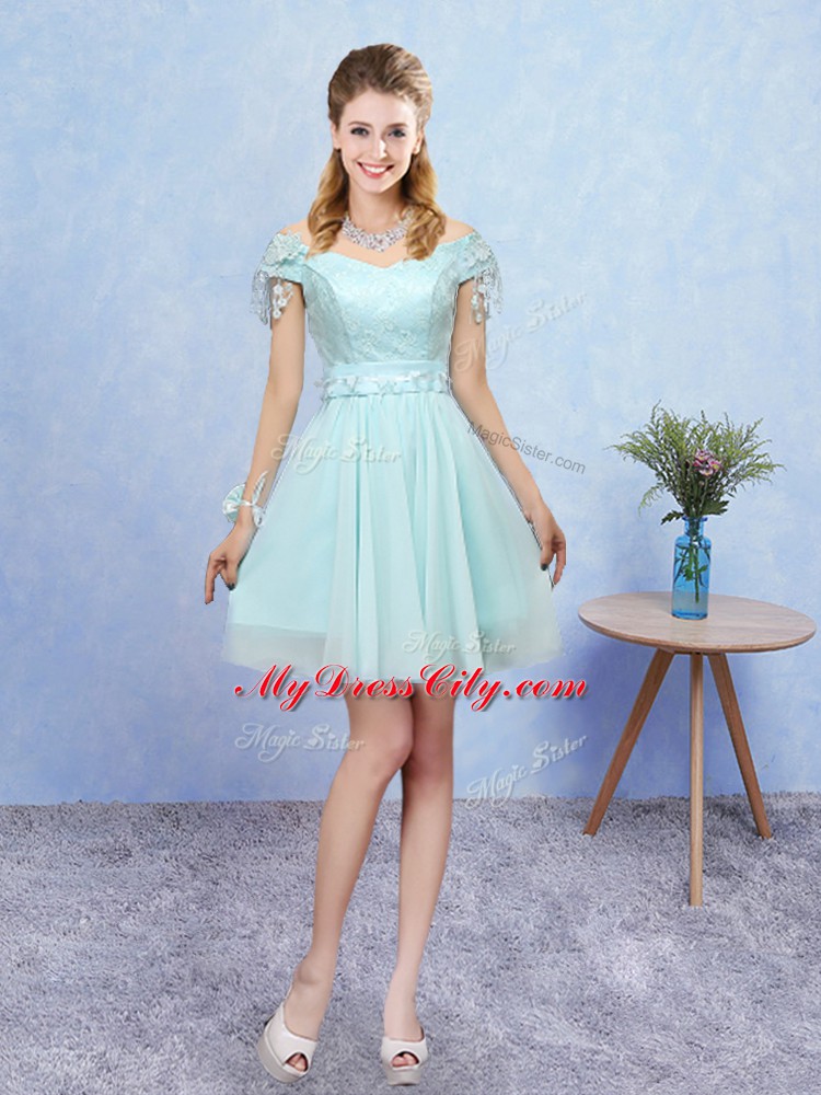 Mini Length Lace Up Quinceanera Court Dresses Aqua Blue for Prom and Party with Lace