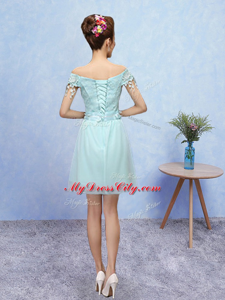 Mini Length Lace Up Quinceanera Court Dresses Aqua Blue for Prom and Party with Lace